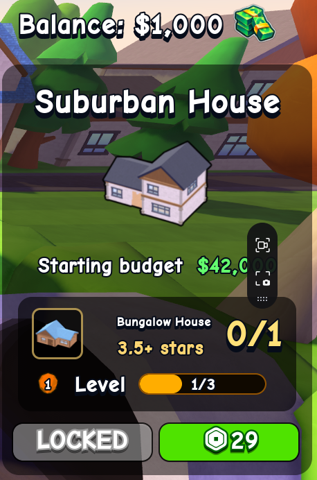 Suburban House card in Flip a House Roblox